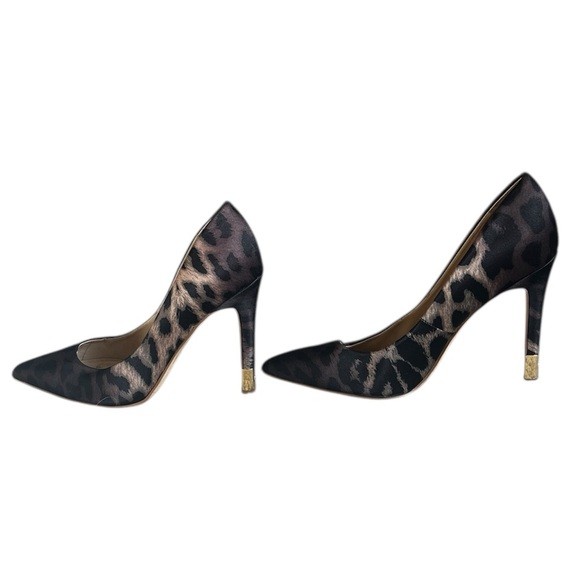 Guess Dark Satin Leopard Ombré Pattern Women’s Stilettos with Gold Tip Heels - Picture 3 of 9